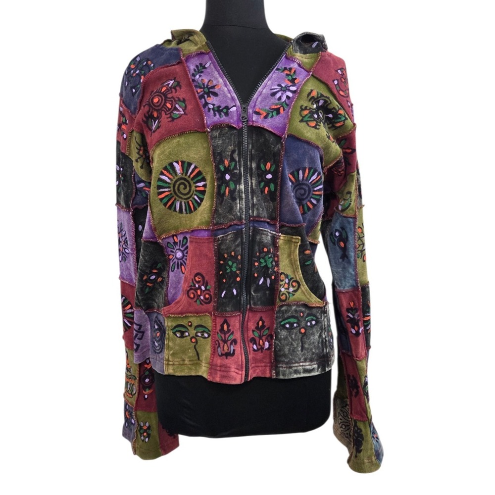 Vintage Y2k Colorblock‎ Hoodie Stone Washed Sweatshirt Hippie Patchwork Size XL